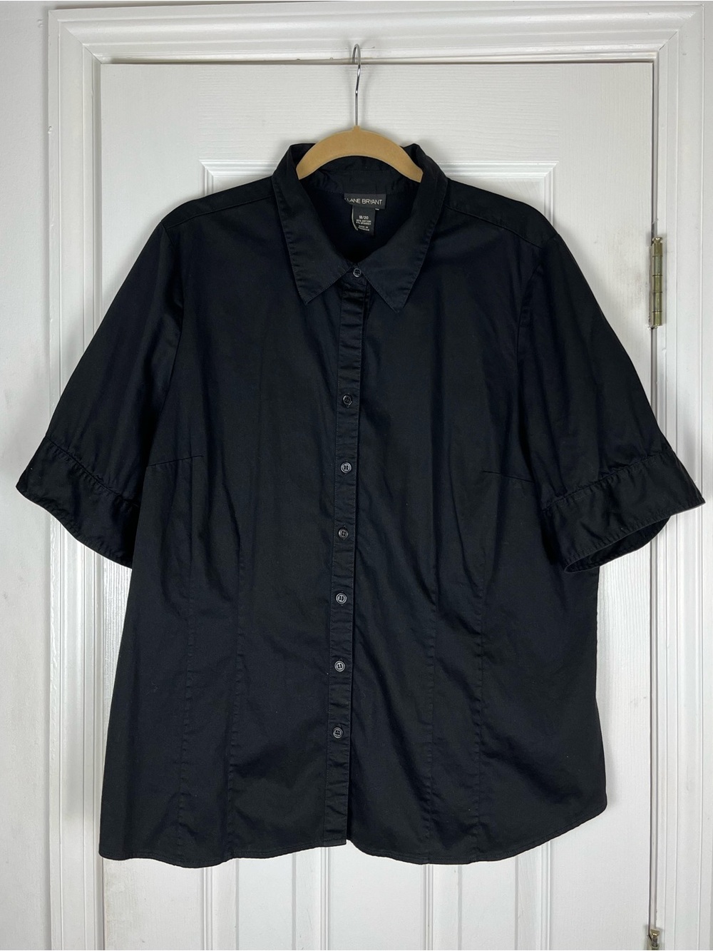 Lane Bryant Half Sleeve Button Front Shirt Sz 18/20 Black Stretch Cotton